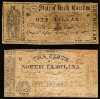 $1.  00 And $2.  00 1861 State Of North Carolina Civil War Csa Notes 2 Items