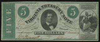1862 Virginia Treasury Note $5 Five Dollar Note