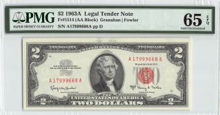 United States 1963a Fr.  1514 Pmg Gem Unc 65 Epq 2 Dollars Legal Tender