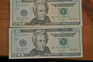 2 Consecutive Serial Numbers Series 2013 $20 Twenty Dollar Star Notes