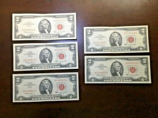 (5) 1963 U.  S Two Dollar Bill Bank Notes Red Seal W/ Three Consecutive Serial 