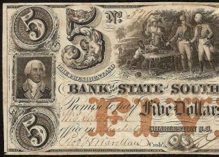 1861 $5 Dollar Bill South Carolina Bank Note Currency Old Paper Money