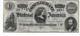 1864 $100 Dollar Confederate States Civil War Note Currency Bill