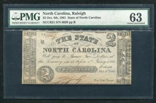 1861 $2 State Of North Carolina Raleigh,  Nc Obsolete Banknote Pmg Unc - 63