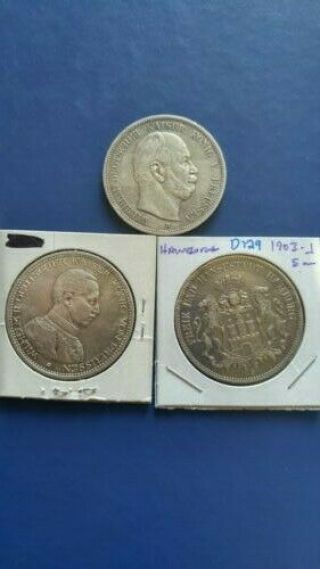 Germany Empire Prussia & Hamburg 5 Mark Set Of 3 Silver Coins 1876 - B,  1913 - A,  1903