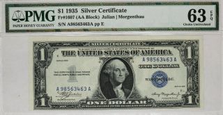 1935 $1 Silver Certificate Note Currency Aa Block Fr.  1607 Pmg Cu 63 Epq (463a)