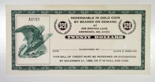 Aberdeen,  Md.  Ca.  1970 - 80 $20 Bill Of Credit Redeemable For Gold Coin Specimen
