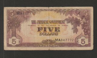 Malaya - Japanese Occupation,  5 Dollars Banknote,  1942,  Fine Cat M - 6 - A - 3772