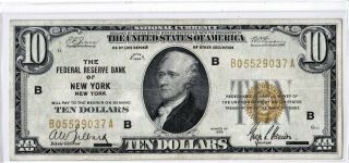 1929 $10 York Ny Federal Reserve Bank Note Brown National Currency
