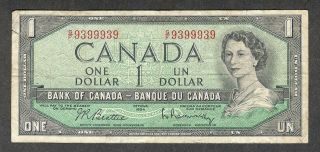 1954 Radar $1.  00 9399939 Very Rare 2 Digit Bank Of Canada Qeii One Dollar