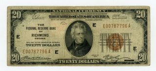 1929 Fr.  1870 - E $20 U.  S.  (richmond,  Virginia) Federal Reserve Bank Note