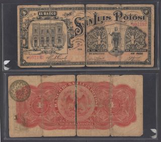 Mexico 1 Peso 1914 (poor) Banknote San Luis Potosi P - S406 (2 Parts)