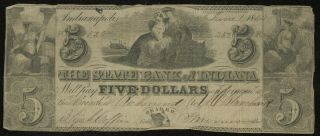1844 State Bank Of Indiana Indianapolis,  In $5 Five Dollar Obsolete Bank Note 2