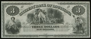 1860s Citizens Bank Orleans,  Louisiana Three Dollars $3 Obsolete Bank Note