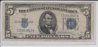 Series 1934 $5 Five Dollar Bill Blue Seal Silver Certificate Old Us Paper Money