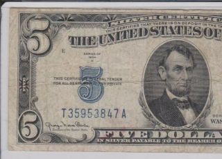 Series 1934 $5 FIVE Dollar Bill BLUE SEAL Silver Certificate Old US Paper Money 2