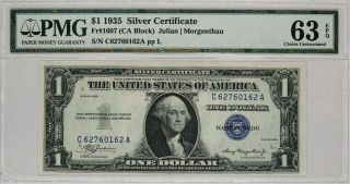 1935 $1 Silver Certificate Note Currency Ca Block Fr.  1607 Pmg Cu 63 Epq (162a)