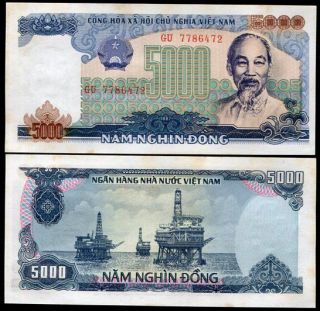 Vietnam 5000 5,  000 Dong 1987 1989 P 104 Unc With Yellow Stain