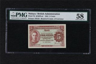 1941 Malaya / British Admisistration 5 Cents Pick 7b Pmg 58 Choice About Unc