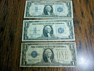 3 $1 - 1928 & 1934 Us Silver Certificate Blue Seal Funny Back Notes Circulated