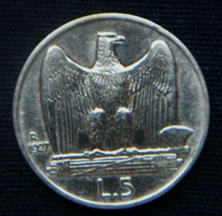 1927 Italy Kingdom Silver Coin 5 Lire Vf Fascist Eagle