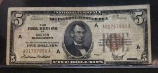 Series Of 1929 Circulated $5 Boston National Currency Banknote Note