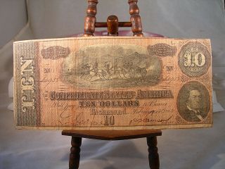 1864 Confederate States Of America $10 Ten Dollar Bill Currency Note