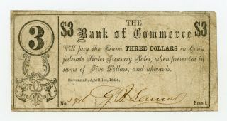 1864 $3 The Bank Of Commerce - Savannah,  Georgia Note Civil War Era