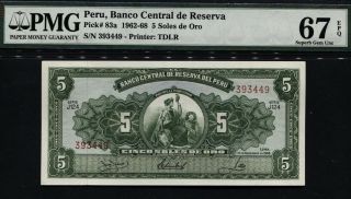 1966 Peru Banco Central De Reserva 5 Soles De Oro P - 93a Pmg 67epq Gem Unc