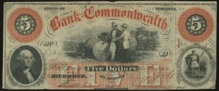 1861 Bank Of The Commonwealth Richmond Virginia $5 Five Dollar Obsolete Note
