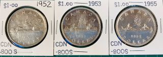 3 Canadian Silver Dollars 1952 1953 1955 Estate 800 Silver