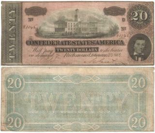 1864 Confederate States $20 Note Type 67 With 2 Flourishes & No Series Civil War