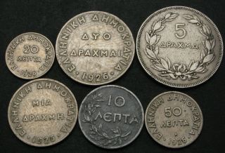 Greece 10,  20,  50 Lepta & 1,  2,  5 Drachmai 1922/1930 - 6 Coins.  - 2480