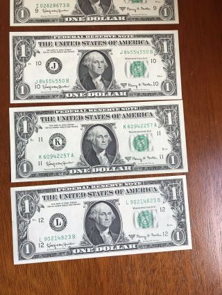1963 A UNCIRCULATED Federal Reserve One Dollar Notes: A - L (12 Notes) 5