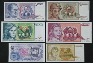 Yugoslavia Set 6 Notes 1985 - 1989 5000 - 1 Million Dinara P 93 95 96 97 98 99 (unc)