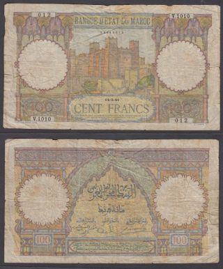 Morocco 100 Francs 1941 (vg - F) Banknote P - 20