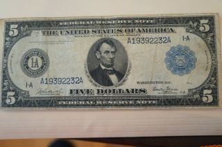 Large 1914 $5 Dollar Bill Federal Reserve Note Big Paper Money 1 - A