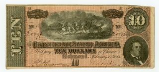 1864 T - 68 $10 The Confederate States Of America Note - Civil War Era
