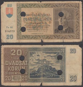 Slovakia 20 Korun 1939 (vg) Canceled Banknote Not Profrated P - 5a
