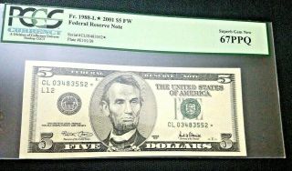 Gem Tt Fr 1988 - L 2001 $5 Federal Reserve Star Note Dark Green Seal Pcgs 67 Ppq