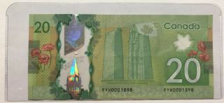 Low Serial Number On 2012 Canadian $20 Banknote