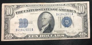 Series 1934 D $10 Dollar Bill Silver Cert