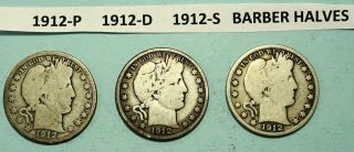 1912 - P 1912 - D 1912 - S Barber Half Dollar Us Silver Coins 12 - P:g 12 - D:vg - F 12 - S:vg