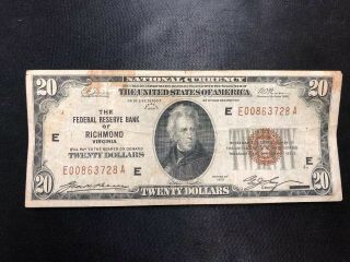 1929 $20 National Currency Note,  Federal Reserve Bank Of Richmond Bill