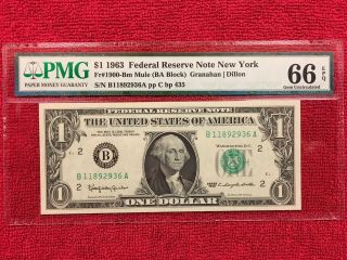 Fr 1900 - Bm Mule 1963 1 Dollar Federal Reserve Note (york) Pmg 66epq