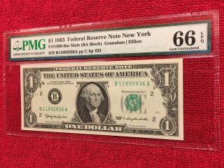 Fr 1900 - Bm Mule 1963 1 Dollar Federal Reserve Note (York) PMG 66EPQ 2