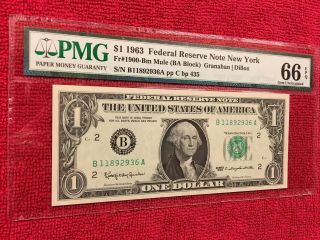 Fr 1900 - Bm Mule 1963 1 Dollar Federal Reserve Note (York) PMG 66EPQ 3