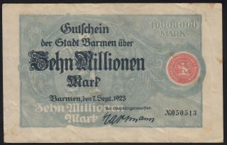 1923 10 Million Mark Barmen Germany Old Vintage Emergency Money Banknote Vf