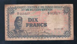 Belgian Congo,  1958,  10 Francs,  P - 30b,  F - Vf