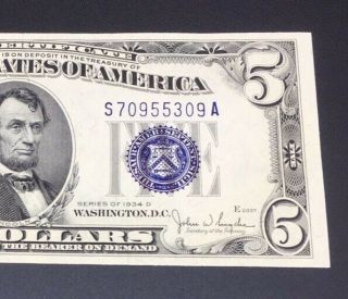 1934 Five Dollar Silver Certiticate Blue Seal Note Ceisp And Uncirculated